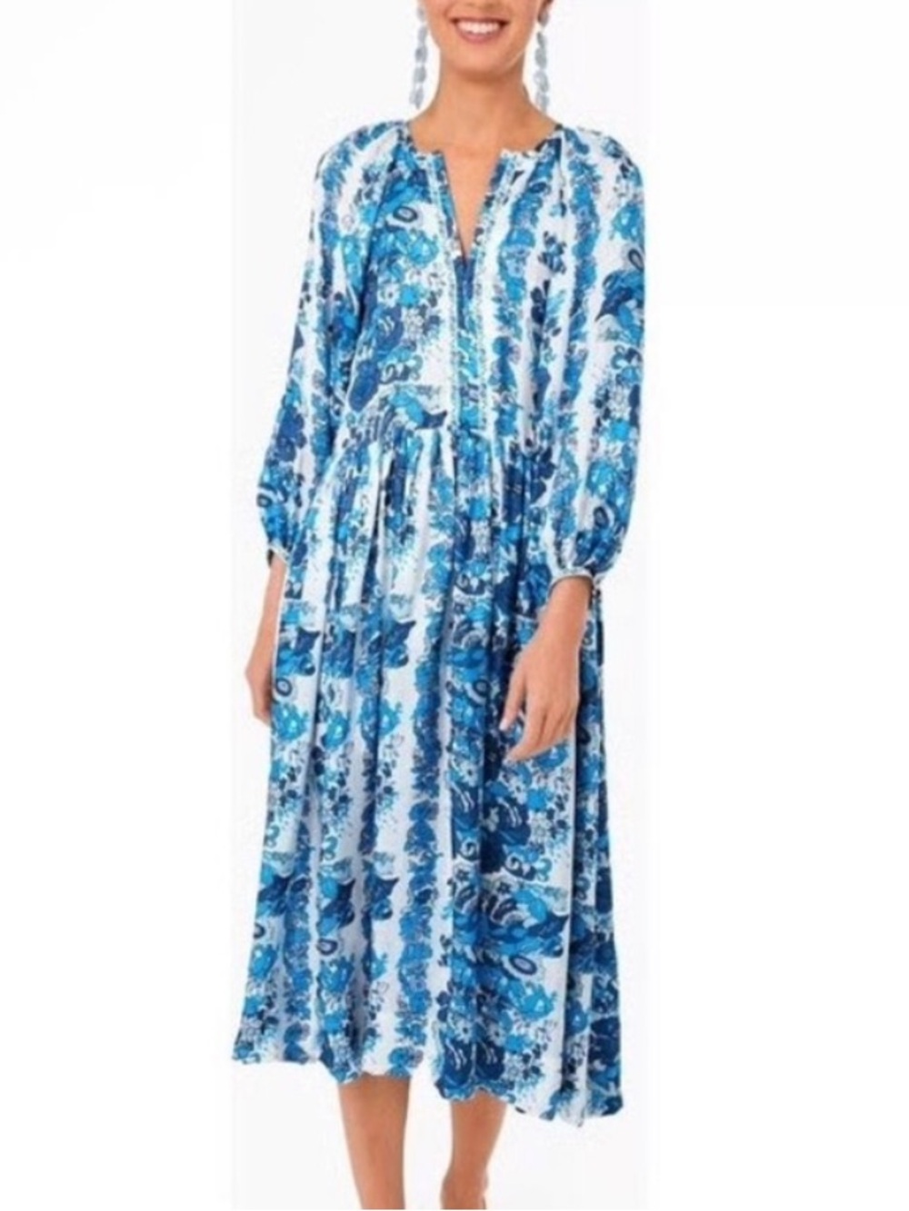 Alix Of Bohemia Blue and White Floral 100% Silk Saranna Bluebell Midi Dress NWOT